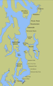 A map of the central Puget Sound area, showing some places of interest to paddlers.